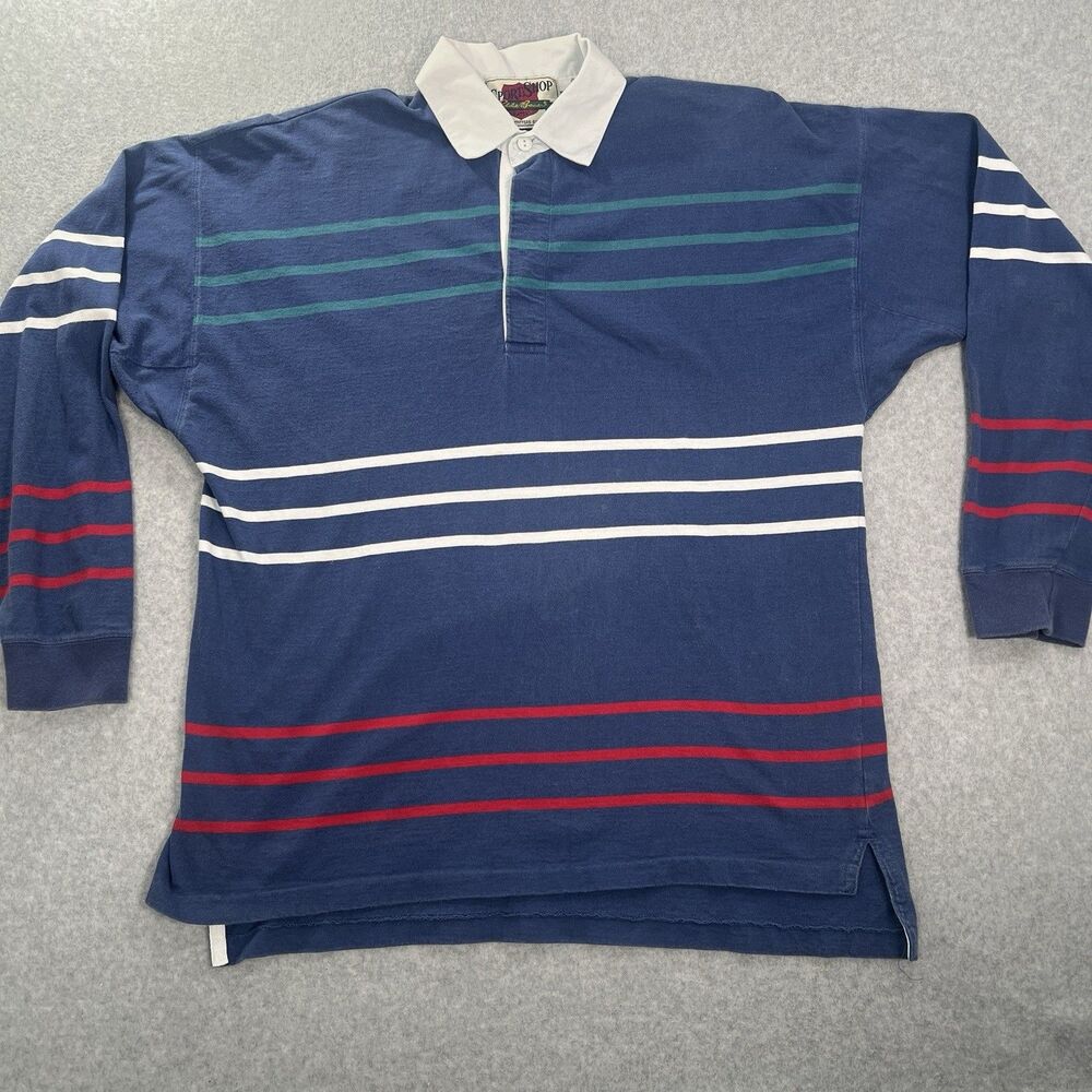 Vintage 90s Eddie Bauer rugby striped Men's L Shirt Sport Shop navy Cotton